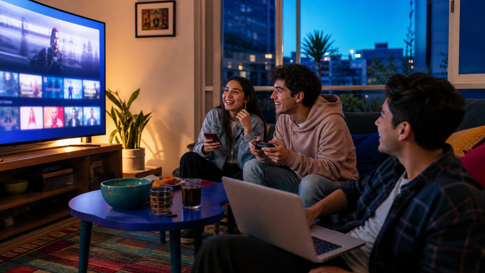 Amigos disfrutando streaming y gaming con Superfibra
